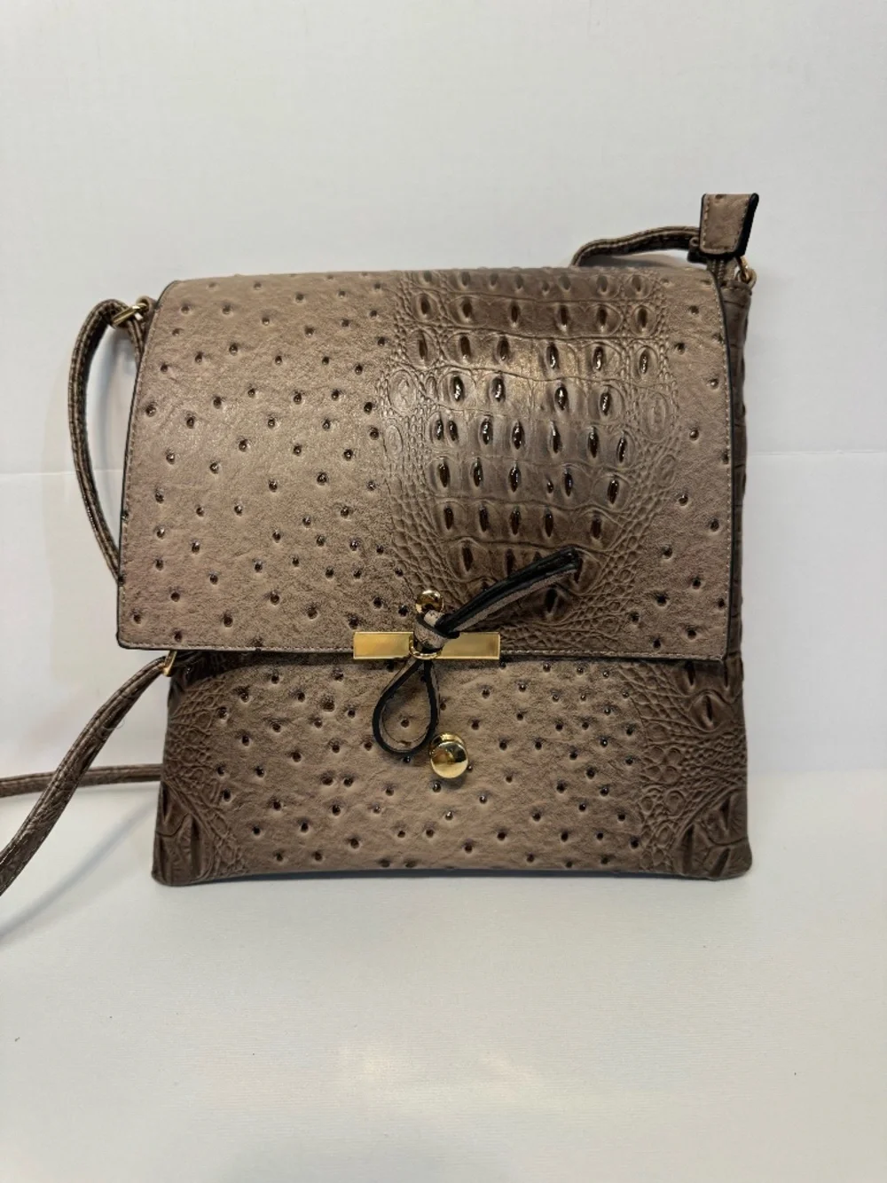 Taupe Croc Ostrich Embossed Crossbody Bag Gold Hardware